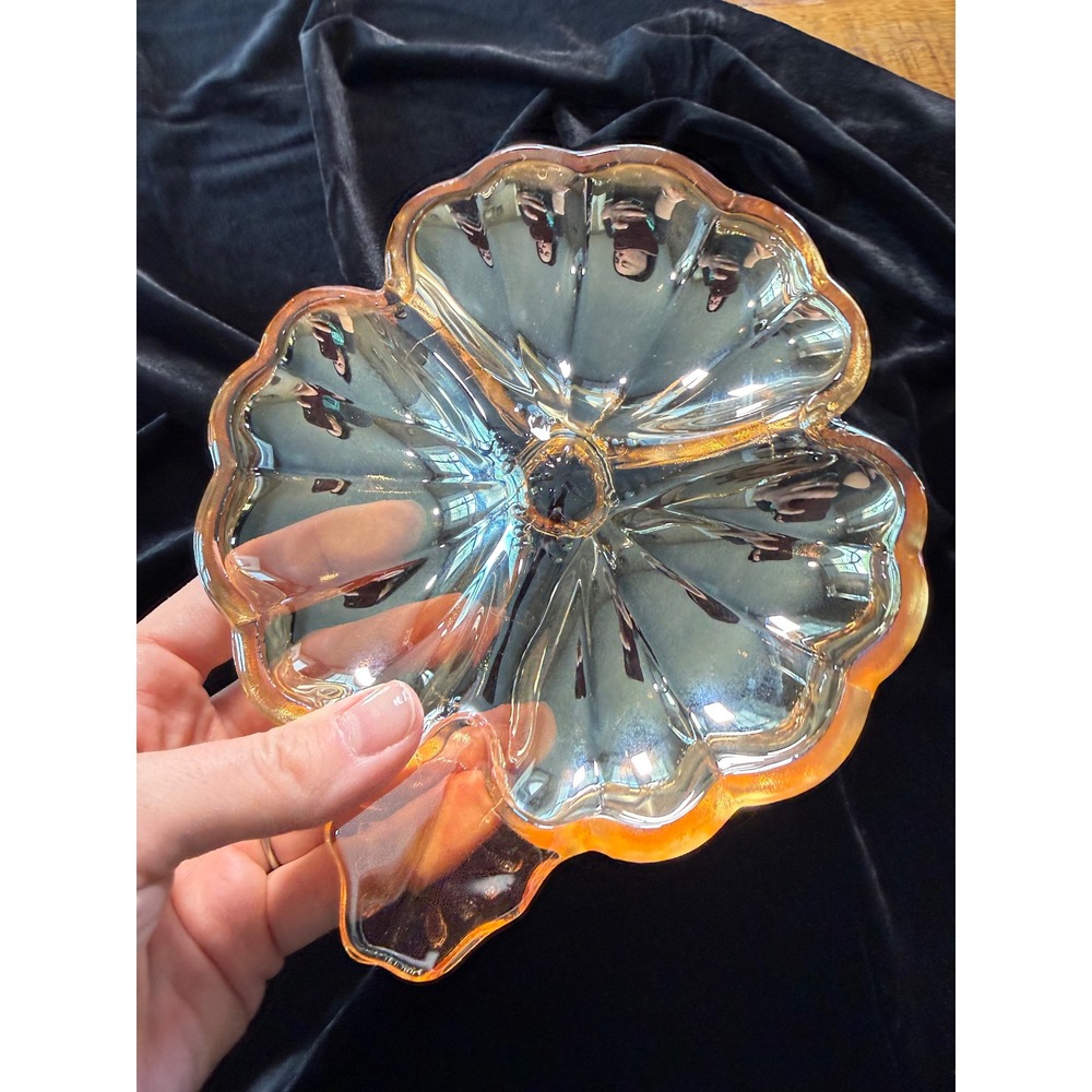 Vintage Marigold Carnival Glass Iridescent Flower Candy Dish Leaf Handle Amber - Picture 3 of 5